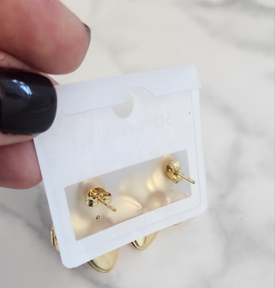 Gold & Pink Enamel Floral Stainless Steel Stud Earrings - Picture 3 of 10